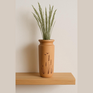 Solid Wood Vase Burnt Engraved Wheat and Birds